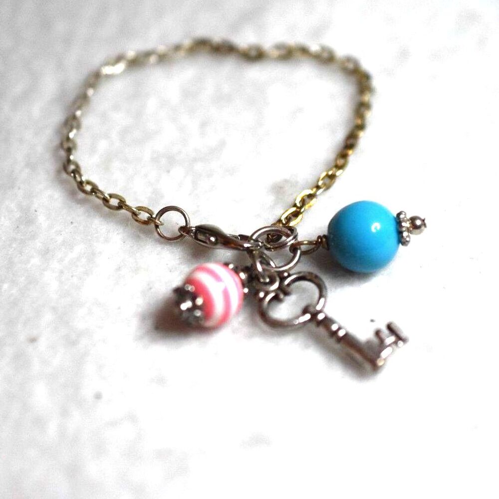 Trendy Chic Dangle Silver Tone Link Chain Blue/Pink Beads Key Charm 6" Bracelet
